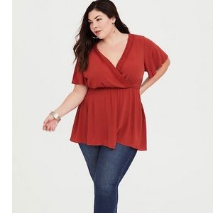 LILY - RED CREPE LACE BABYDOLL BLOUSE